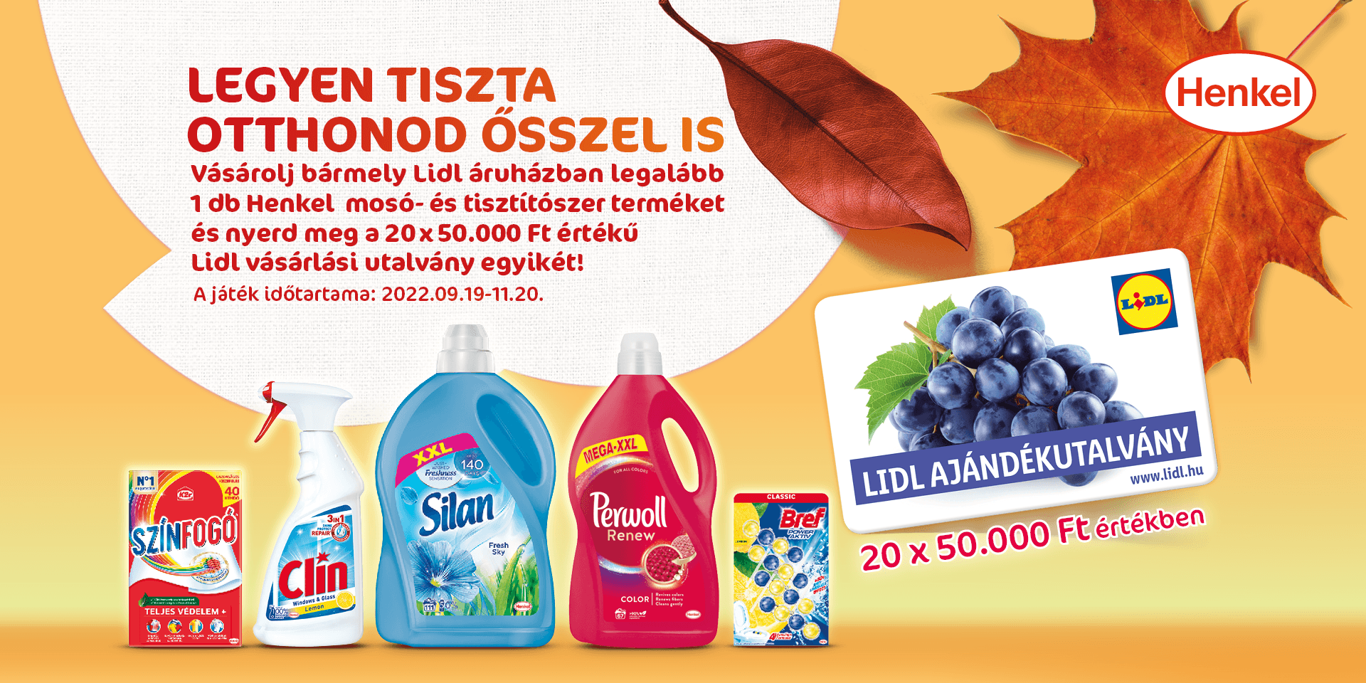 <p>Vásárolj bármely Lidl áruházban legalább  egy darab Henkel mosó- és tisztítószer terméket és nyerd meg a 20db Lidl vásárlási utalvány egyikét! </p>